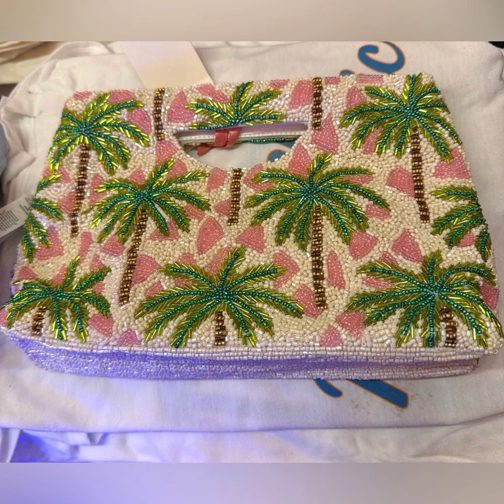Palm Tree Beaded Clutch with Pink Accents